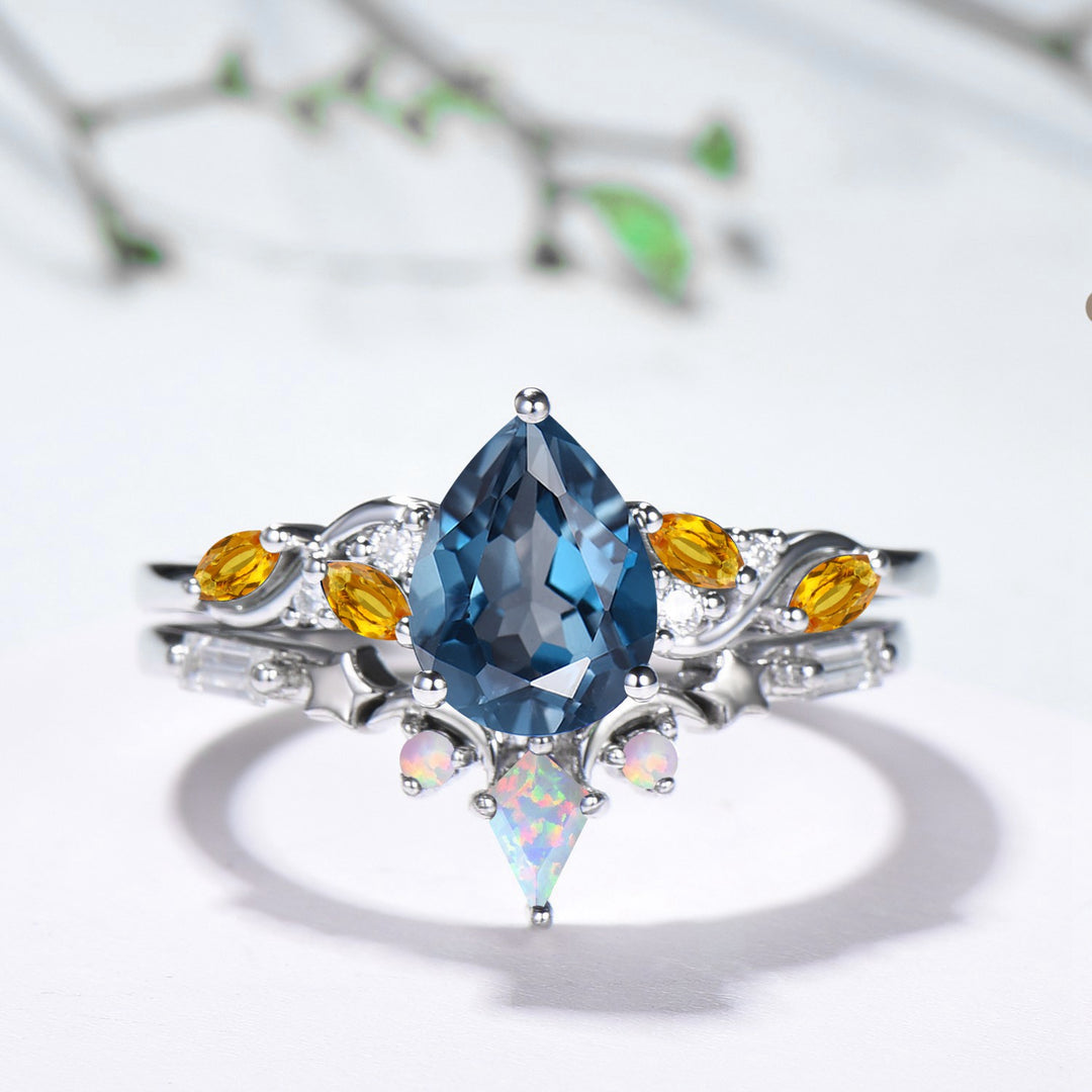 Pear Shaped London Blue Topaz & Citrine Engagement Ring, Opal Kite Accent, 14K Gold Colorful Galaxy Ring, Unique Gift Her - PENFINE
