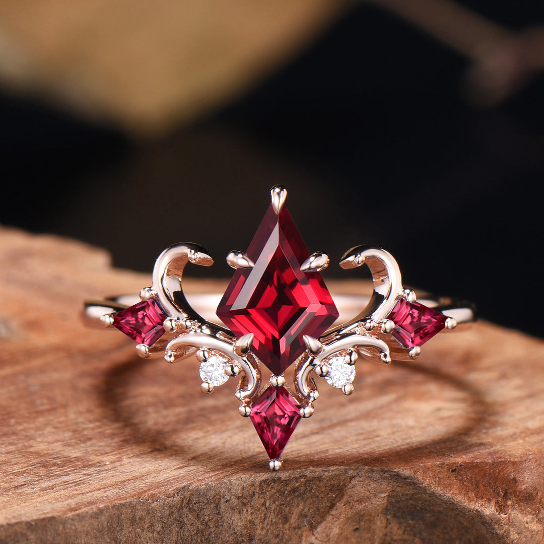 Unique Kite Cut Ruby Engagement Ring Rose Gold Four Max - PENFINE