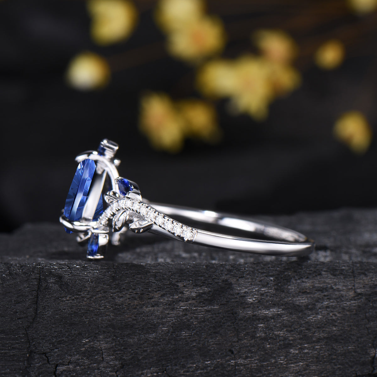 Pear Shaped Fantasy Cut Blue Sapphire Engagement Ring Diamond Accent Nature Inspired Ring