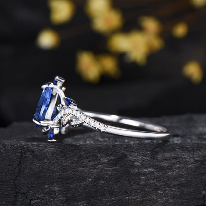 Pear Shaped Fantasy Cut Blue Sapphire Engagement Ring Diamond Accent Nature Inspired Ring