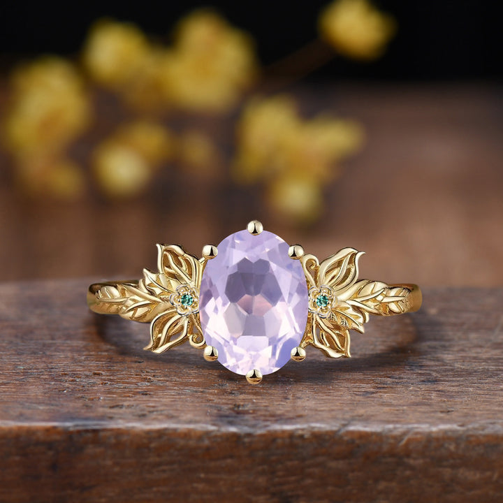 Nature Inspired Lavender Amethyst Engagement Ring Butterfly 14K Rose Gold Floral Cluster Emerald Promise Ring Leaf Flower Anniversary Ring
