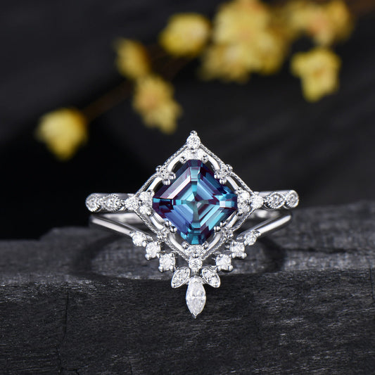 Asscher Cut Color-change Alexandrite Art Deco Bridal Ring Set Moissanite Curved Matching Band