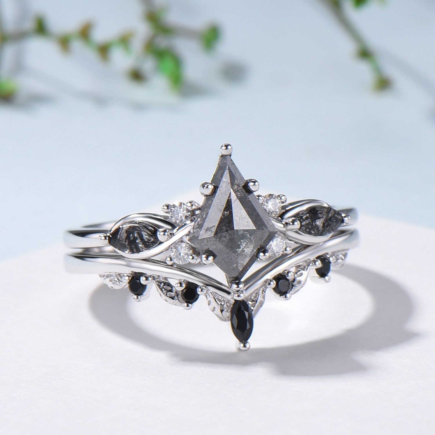 Vintage kite cut salt and pepper diamond ring set natural pepper engagement ring black rutilated quartz bridal wedding set anniversary gift - PENFINE