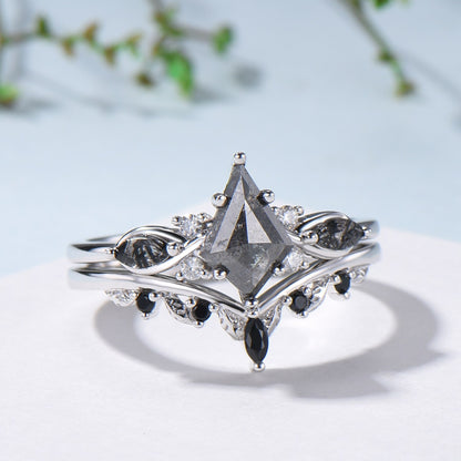 Vintage kite cut salt and pepper diamond ring set natural pepper engagement ring black rutilated quartz bridal wedding set anniversary gift - PENFINE