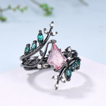 Kite Shaped Fantasy Cut Padparadscha Sapphire Twig Leaf Ring Set Emerald Black Gold Band