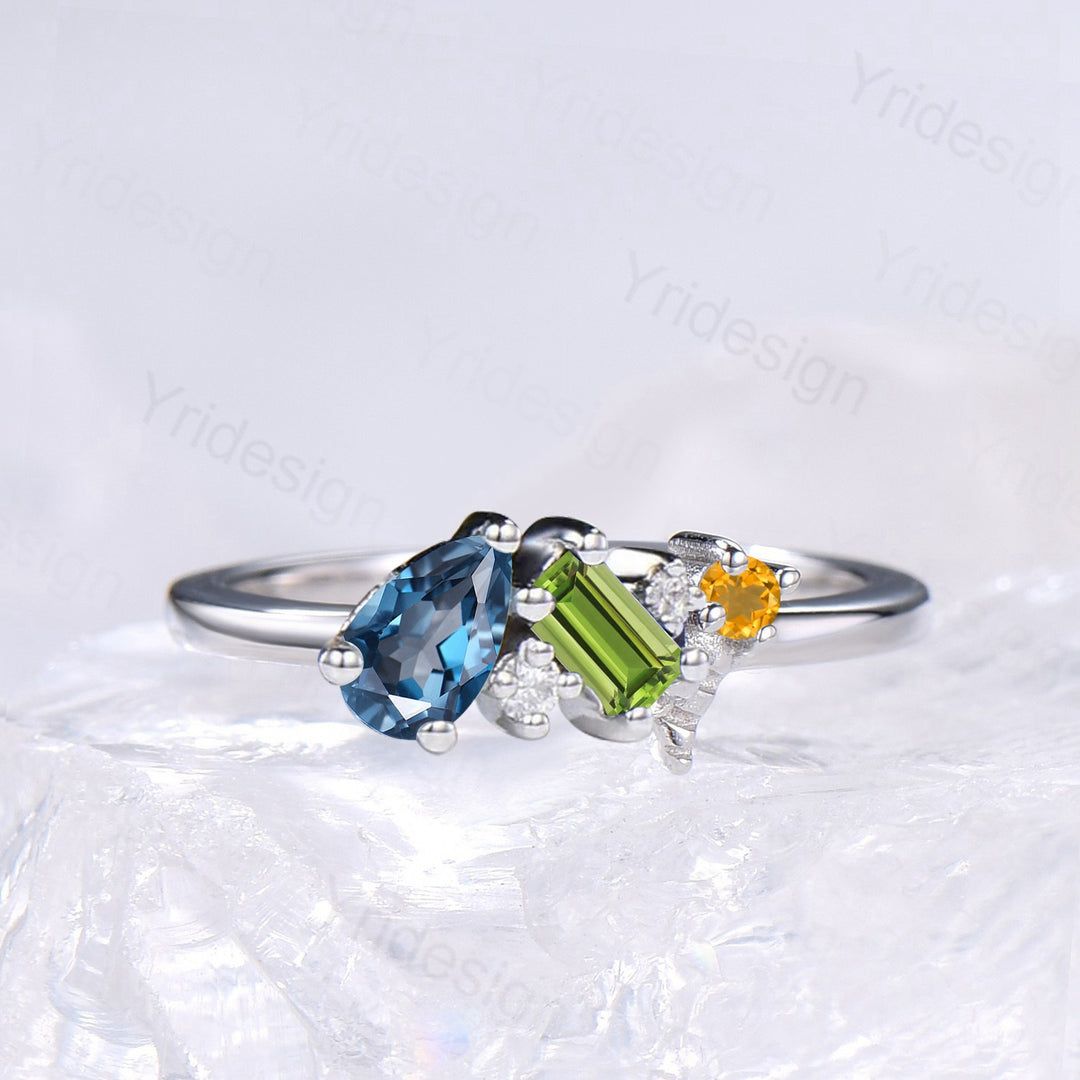 Asymmetrical London Blue Topaz, Peridot & Citrine Cluster Ring - PENFINE