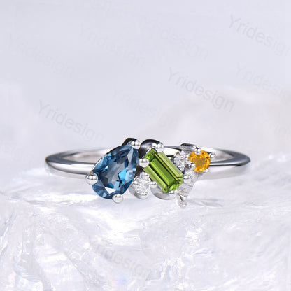 Asymmetrical London Blue Topaz, Peridot & Citrine Cluster Ring - PENFINE