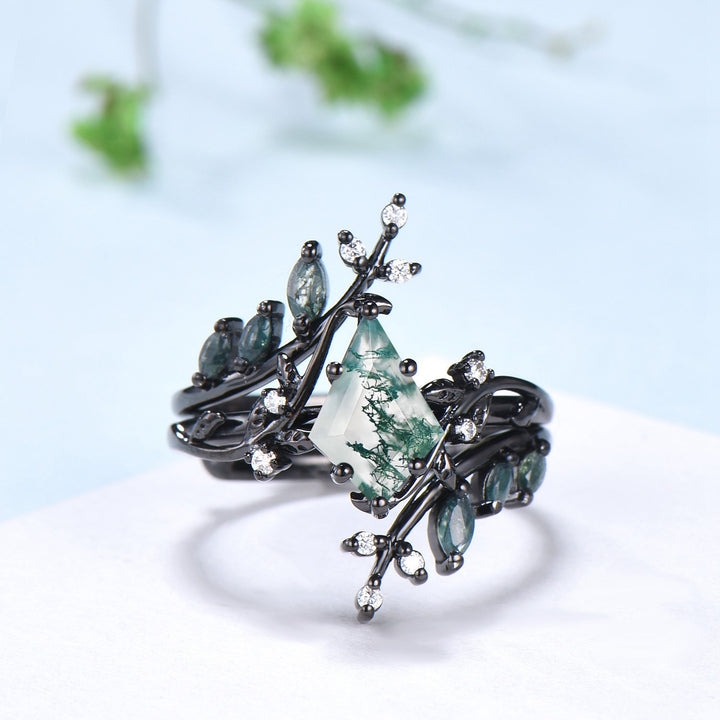 Nature Inspired Kite cut moss agate ring set black gold unique leaf branch marquise cut green agate engagement ring bridal wedding ring set - PENFINE