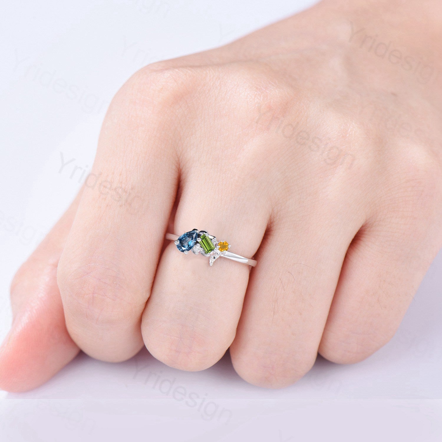 Asymmetrical London Blue Topaz, Peridot & Citrine Cluster Ring - PENFINE