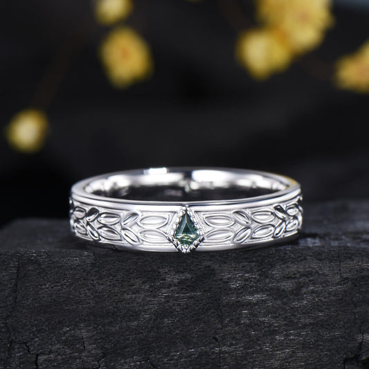 Moss Agate Leaves Wedding Band: Nature Inspired Sterling Silver Ring