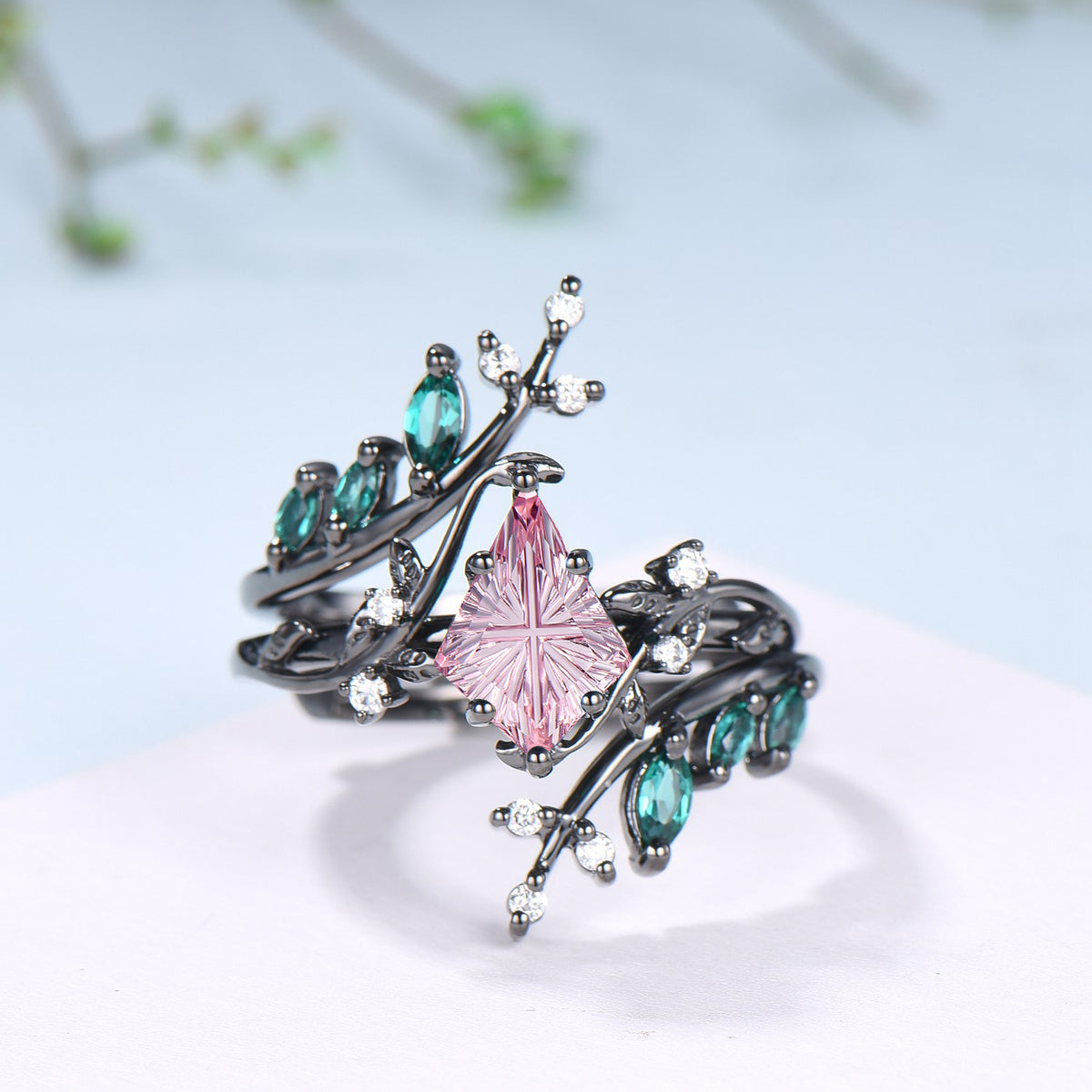 Kite Shaped Fantasy Cut Padparadscha Sapphire Twig Leaf Ring Set Emerald Black Gold Band