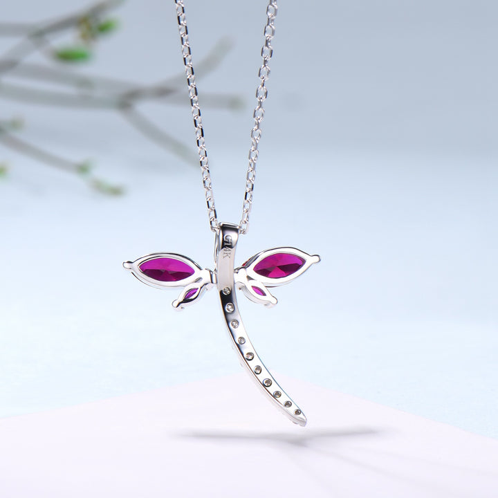 Vintage dragonfly necklace Unique lab red ruby necklace pendant cute silver 14k rose gold July birthstone pendant handmade proposal gifts - PENFINE