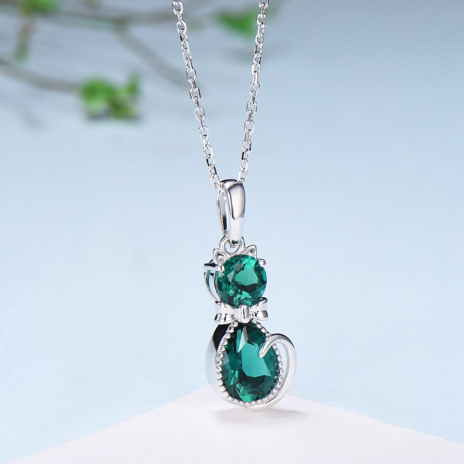 Dainty cat emerald pendant necklace, cute silver white gold Bow necklace unique personalized gift, Cat's Paw anniversary gift for daughter - PENFINE
