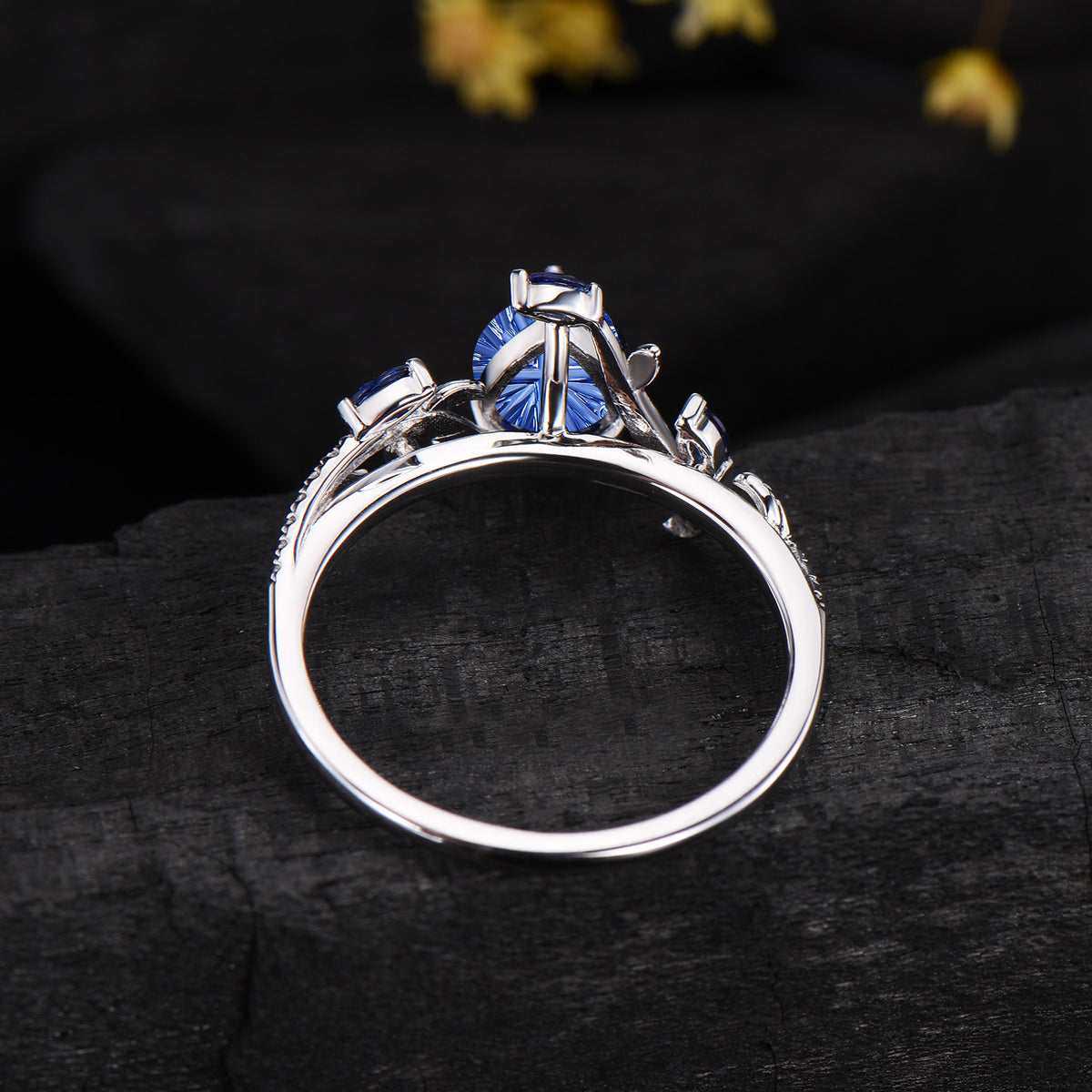 Pear Shaped Fantasy Cut Blue Sapphire Engagement Ring Diamond Accent Nature Inspired Ring