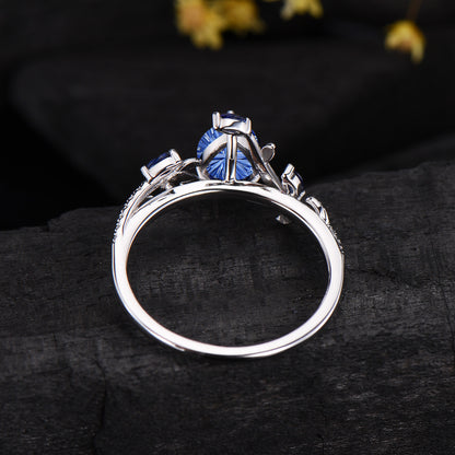 Pear Shaped Fantasy Cut Blue Sapphire Engagement Ring Diamond Accent Nature Inspired Ring
