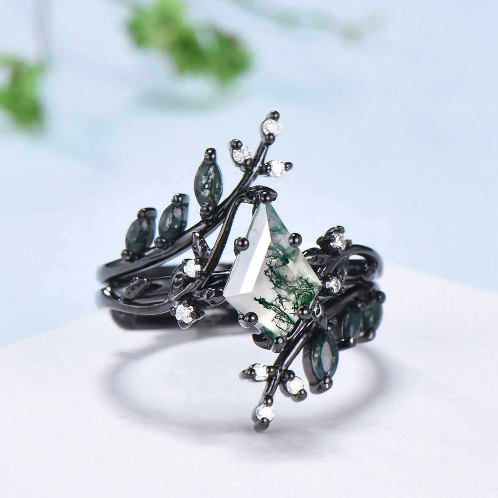 Nature Inspired Kite cut moss agate ring set black gold unique leaf branch marquise cut green agate engagement ring bridal wedding ring set - PENFINE