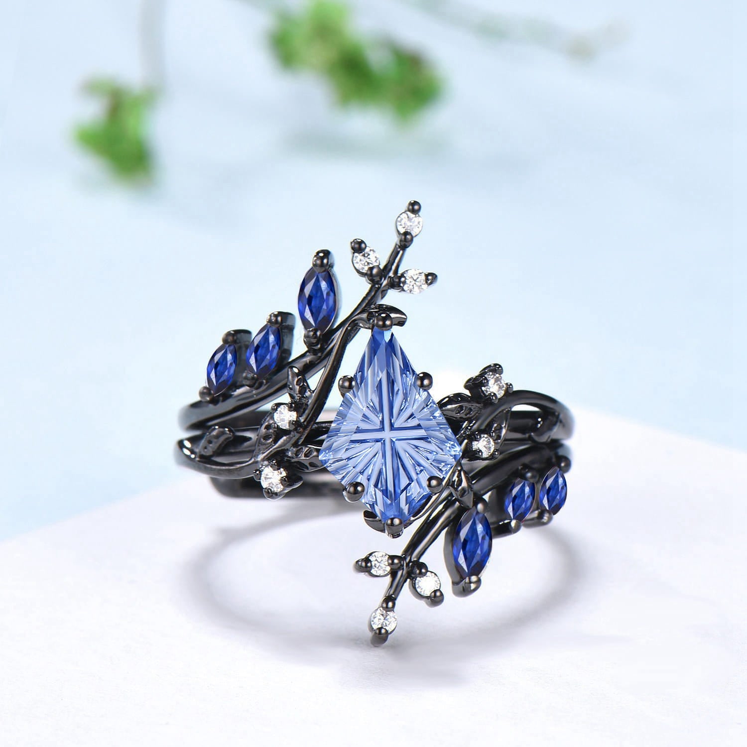 Unique Kite Cut Starburst Cornflower Sapphire Engagement Ring Nature Inspired Blue Sapphire Leaf Branch Ring Set Black Gold