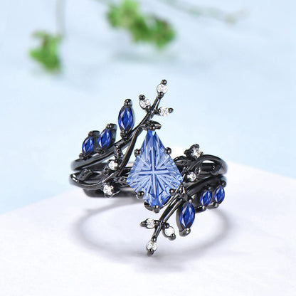 Unique Kite Cut Starburst Cornflower Sapphire Engagement Ring Nature Inspired Blue Sapphire Leaf Branch Ring Set Black Gold
