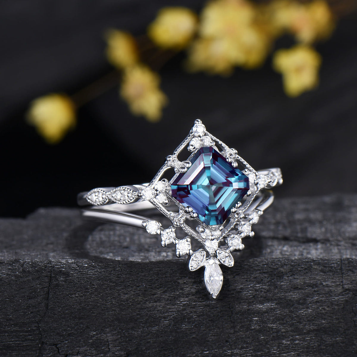Asscher Cut Color-change Alexandrite Art Deco Bridal Ring Set Moissanite Curved Matching Band