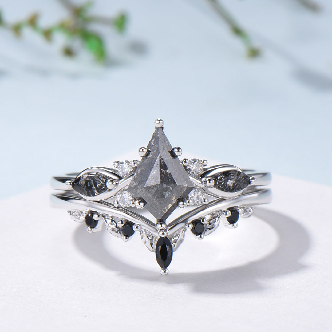 Vintage kite cut salt and pepper diamond ring set natural pepper engagement ring black rutilated quartz bridal wedding set anniversary gift - PENFINE