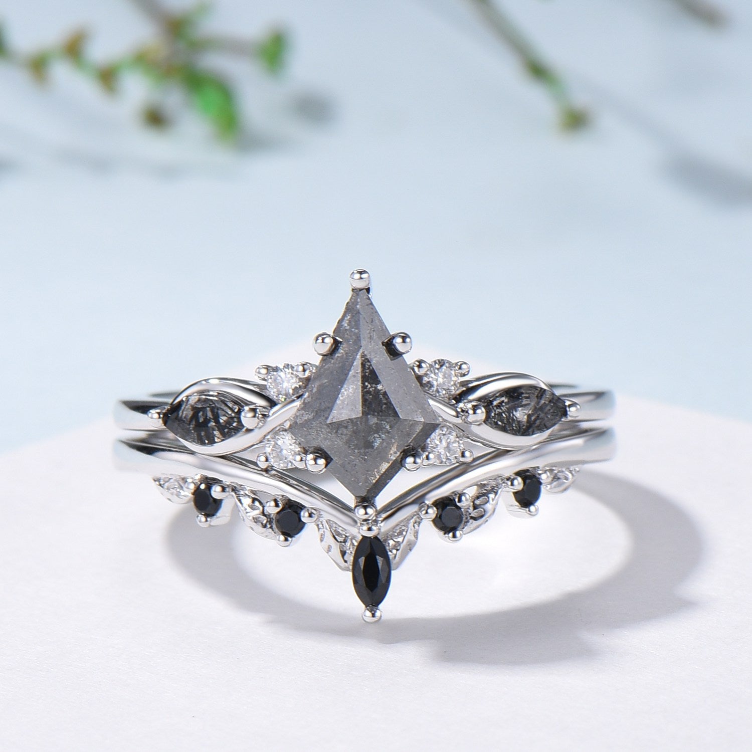 Vintage kite cut salt and pepper diamond ring set natural pepper engagement ring black rutilated quartz bridal wedding set anniversary gift - PENFINE
