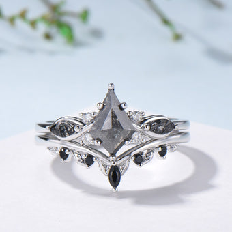 Vintage kite cut salt and pepper diamond ring set natural pepper engagement ring black rutilated quartz bridal wedding set anniversary gift - PENFINE