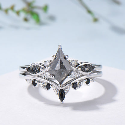 Vintage kite cut salt and pepper diamond ring set natural pepper engagement ring black rutilated quartz bridal wedding set anniversary gift - PENFINE