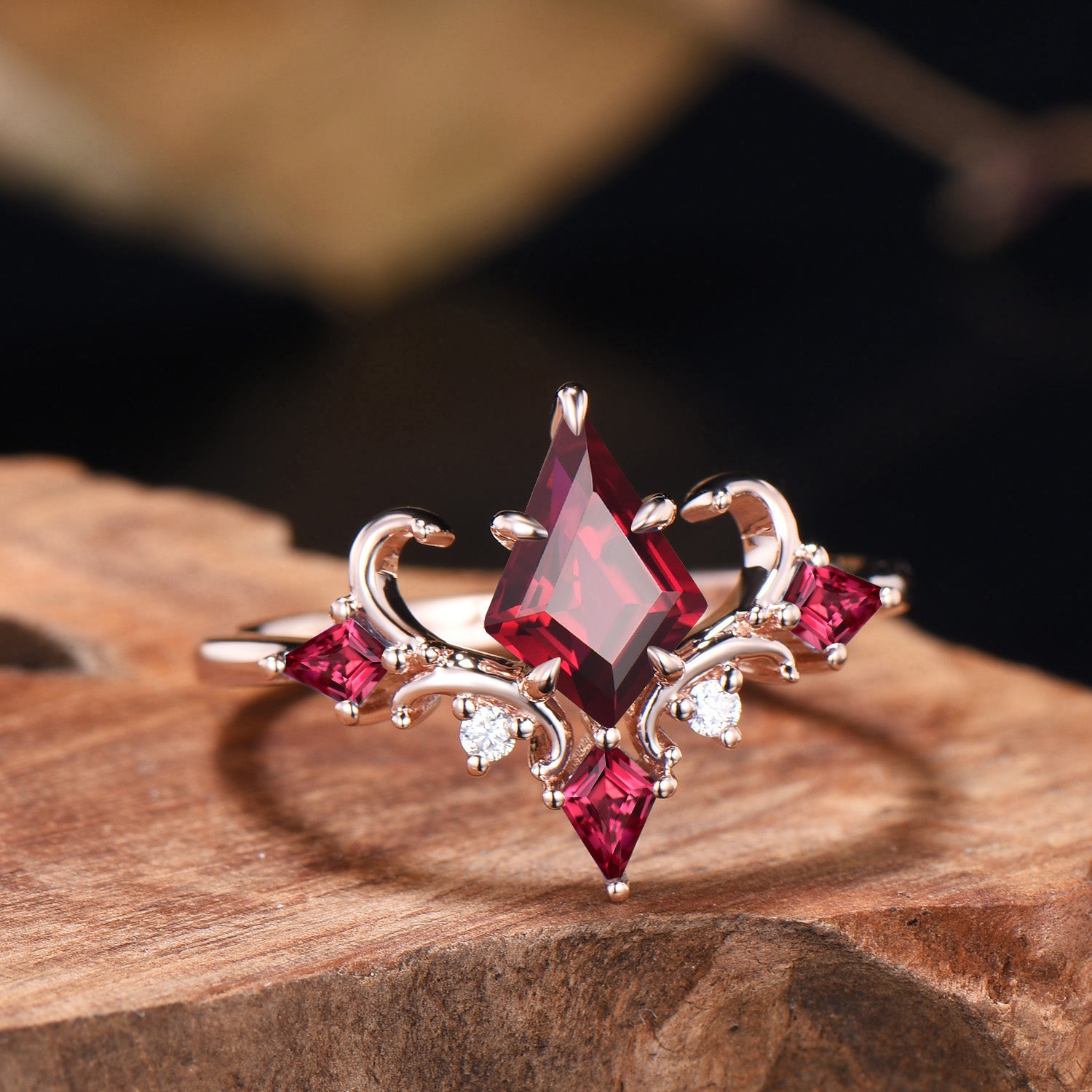 Unique Kite Cut Ruby Engagement Ring Rose Gold Four Max - PENFINE