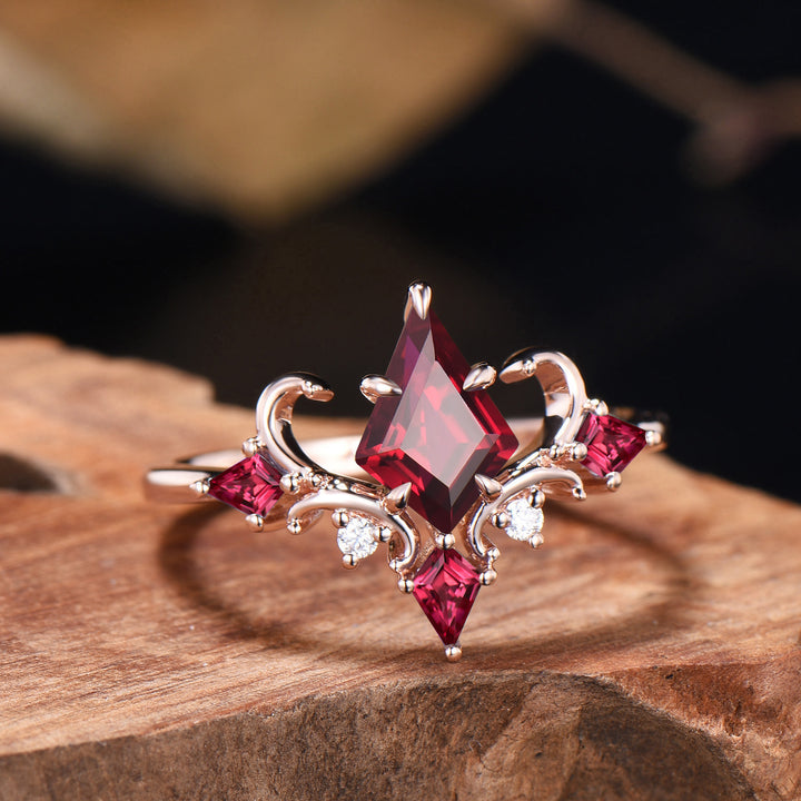 Unique Kite Cut Ruby Engagement Ring Rose Gold Four Max - PENFINE