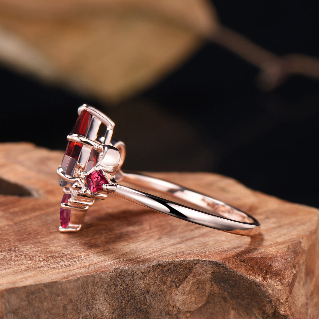 Unique Kite Cut Ruby Engagement Ring Rose Gold Four Max - PENFINE