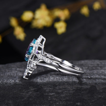 Asscher Cut Color-change Alexandrite Art Deco Bridal Ring Set Moissanite Curved Matching Band