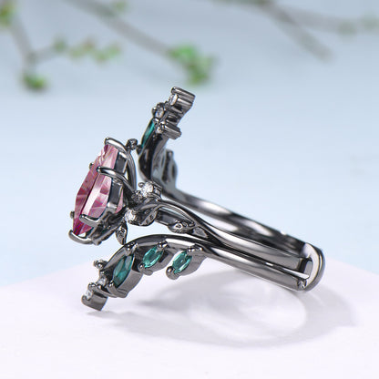 Kite Shaped Fantasy Cut Padparadscha Sapphire Twig Leaf Ring Set Emerald Black Gold Band