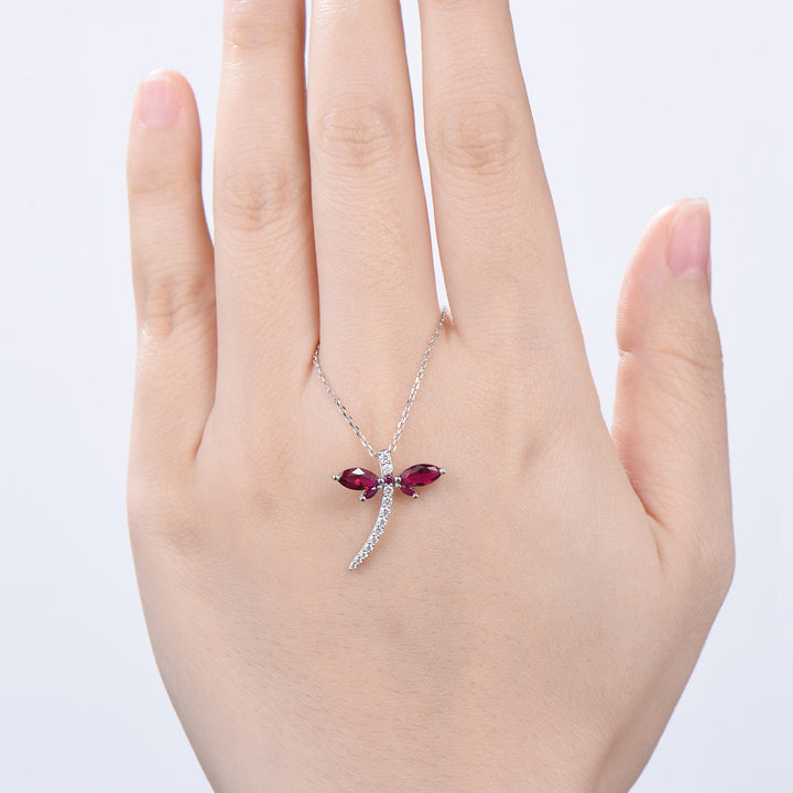 Vintage dragonfly necklace Unique lab red ruby necklace pendant cute silver 14k rose gold July birthstone pendant handmade proposal gifts - PENFINE