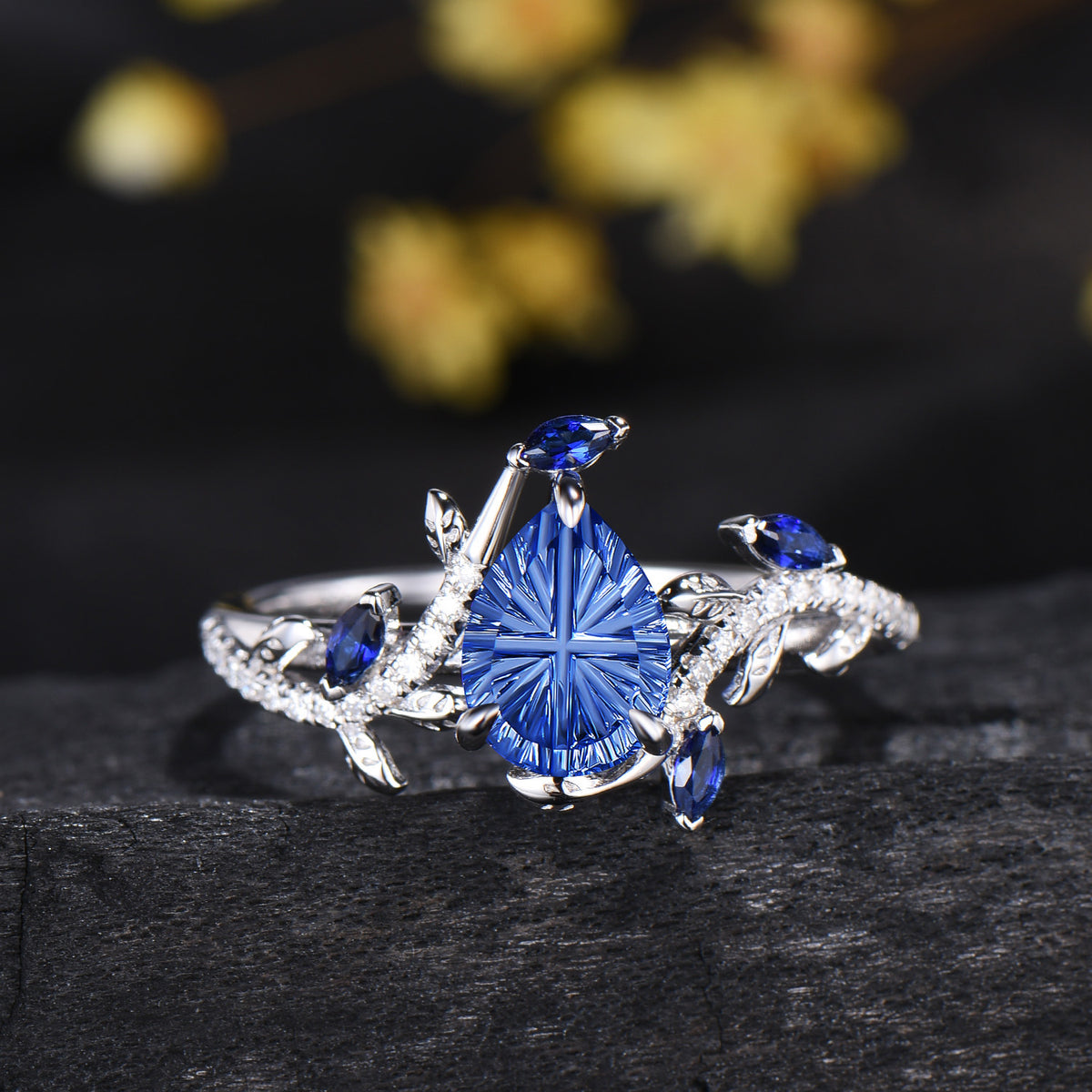 Pear Shaped Fantasy Cut Blue Sapphire Engagement Ring Diamond Accent Nature Inspired Ring
