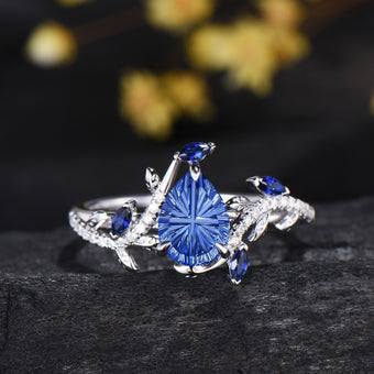 Pear Shaped Fantasy Cut Blue Sapphire Engagement Ring Diamond Accent Nature Inspired Ring