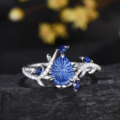 Pear Shaped Fantasy Cut Blue Sapphire Engagement Ring Diamond Accent Nature Inspired Ring