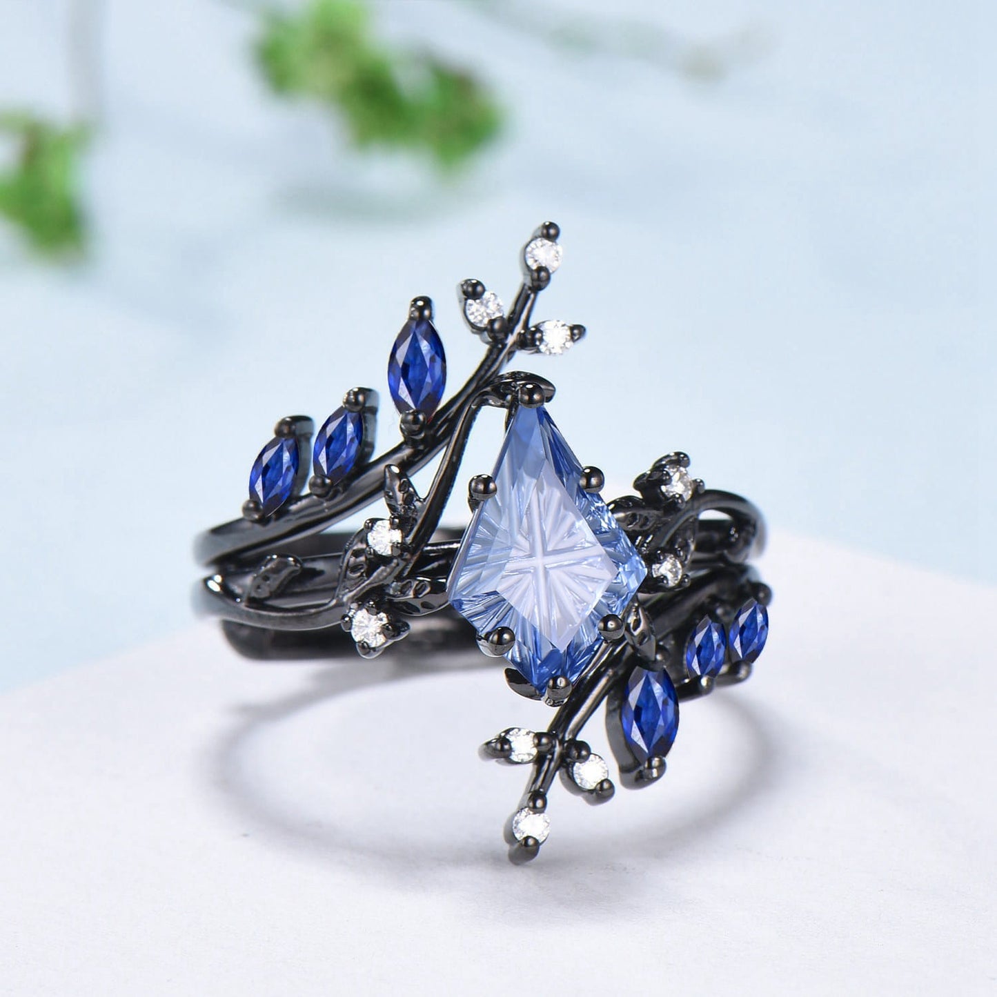 Unique Kite Cut Starburst Cornflower Sapphire Engagement Ring Nature Inspired Blue Sapphire Leaf Branch Ring Set Black Gold