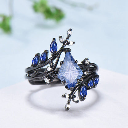 Unique Kite Cut Starburst Cornflower Sapphire Engagement Ring Nature Inspired Blue Sapphire Leaf Branch Ring Set Black Gold