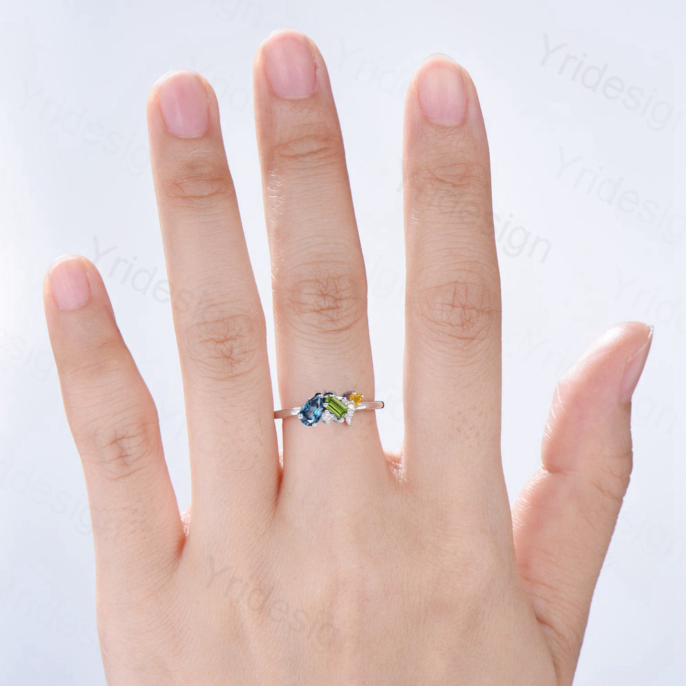 Asymmetrical London Blue Topaz, Peridot & Citrine Cluster Ring - PENFINE