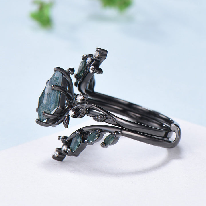 Nature Inspired Kite cut moss agate ring set black gold unique leaf branch marquise cut green agate engagement ring bridal wedding ring set - PENFINE