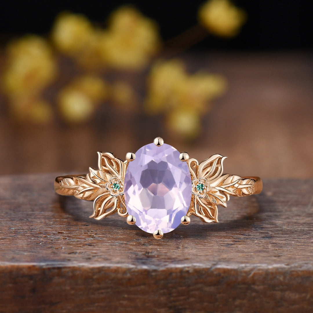 Nature Inspired Lavender Amethyst Engagement Ring Butterfly 14K Rose Gold Floral Cluster Emerald Promise Ring Leaf Flower Anniversary Ring