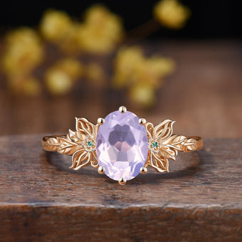 Nature Inspired Lavender Amethyst Engagement Ring Butterfly 14K Rose Gold Floral Cluster Emerald Promise Ring Leaf Flower Anniversary Ring