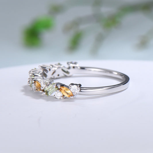 Vintage Peridot Citrine Eternity Wedding Band Women Unique Baguette Peridot Stackable Ring Unique Art Deco Matching Band Anniversary Gift - PENFINE
