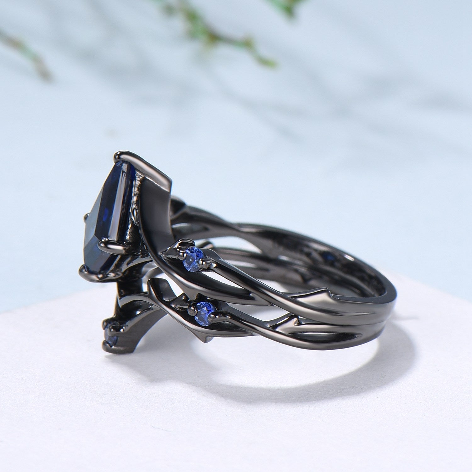 Art Deco black gold blue sapphire engagement ring set split shank kite cut blue sapphire wedding ring elegant anniversary bridal set women - PENFINE