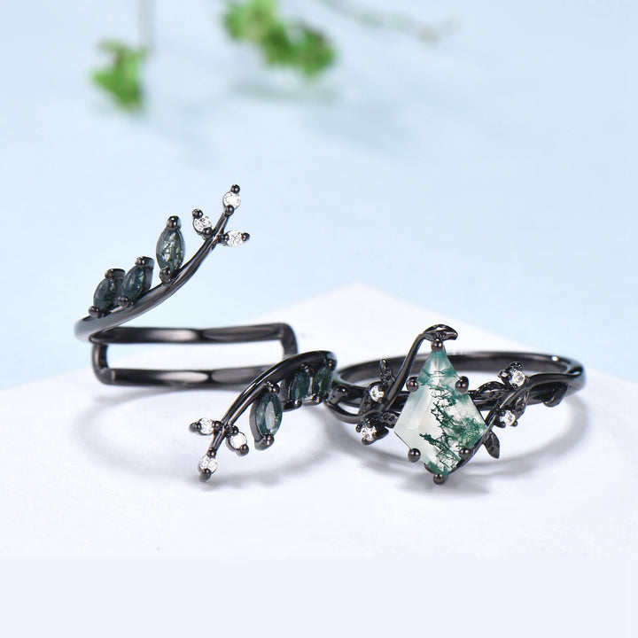 Nature Inspired Kite cut moss agate ring set black gold unique leaf branch marquise cut green agate engagement ring bridal wedding ring set - PENFINE