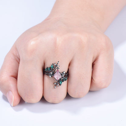 Kite Shaped Fantasy Cut Padparadscha Sapphire Twig Leaf Ring Set Emerald Black Gold Band