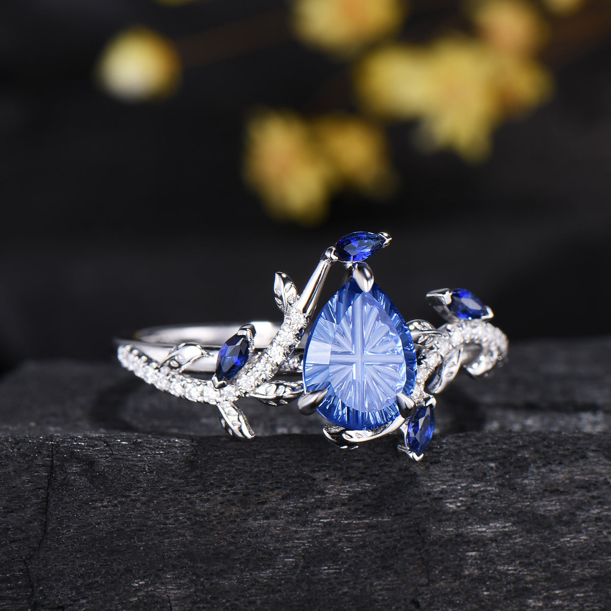 Pear Shaped Fantasy Cut Blue Sapphire Engagement Ring Diamond Accent Nature Inspired Ring