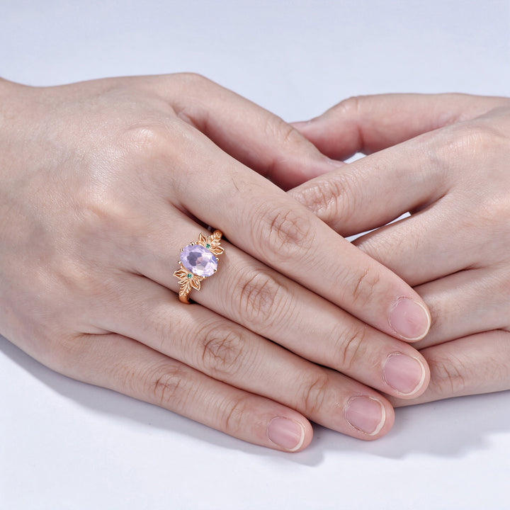 Nature Inspired Lavender Amethyst Engagement Ring Butterfly 14K Rose Gold Floral Cluster Emerald Promise Ring Leaf Flower Anniversary Ring