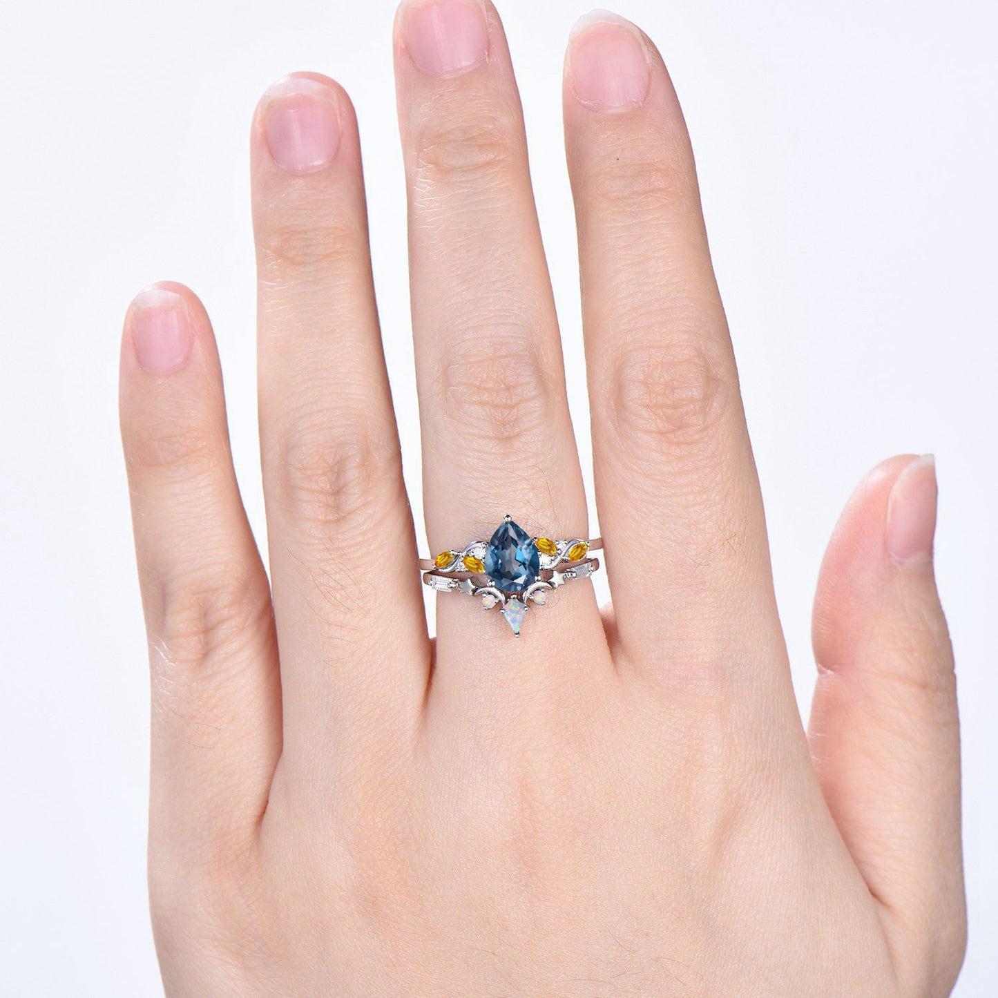 Pear Shaped London Blue Topaz & Citrine Engagement Ring, Opal Kite Accent, 14K Gold Colorful Galaxy Ring, Unique Gift Her - PENFINE