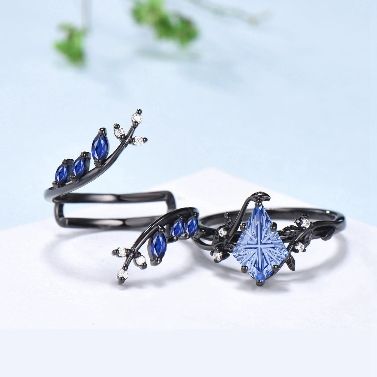 Unique Kite Cut Starburst Cornflower Sapphire Engagement Ring Nature Inspired Blue Sapphire Leaf Branch Ring Set Black Gold